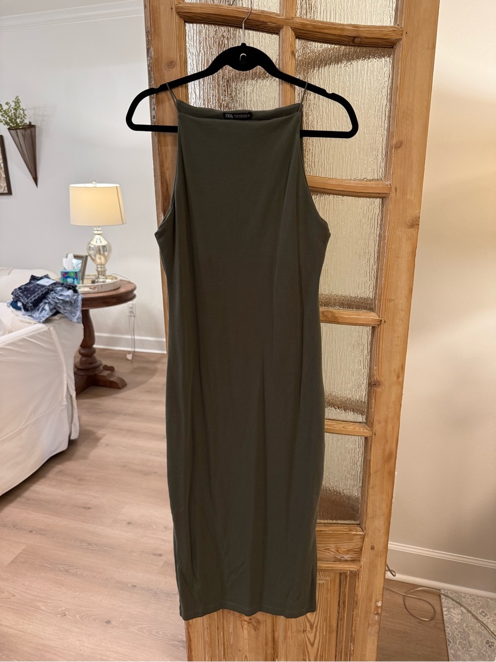 Zara Olive Green High-Neck Midi Dress
